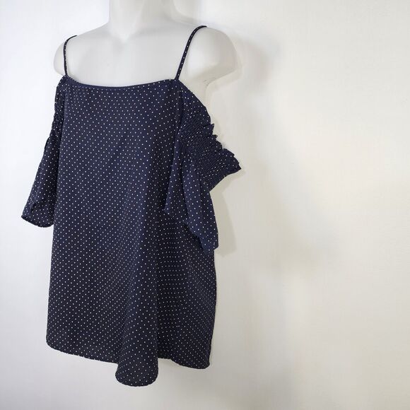 Jella C Womens Top Size XL Blue Tan Polka Dots Off the Shoulder Spaghetti Straps - Picture 5 of 8